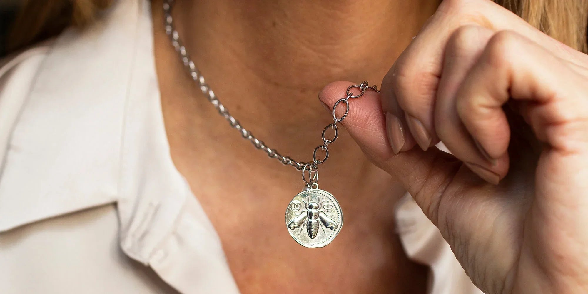 woman wearing Ephesus Coin Pendant